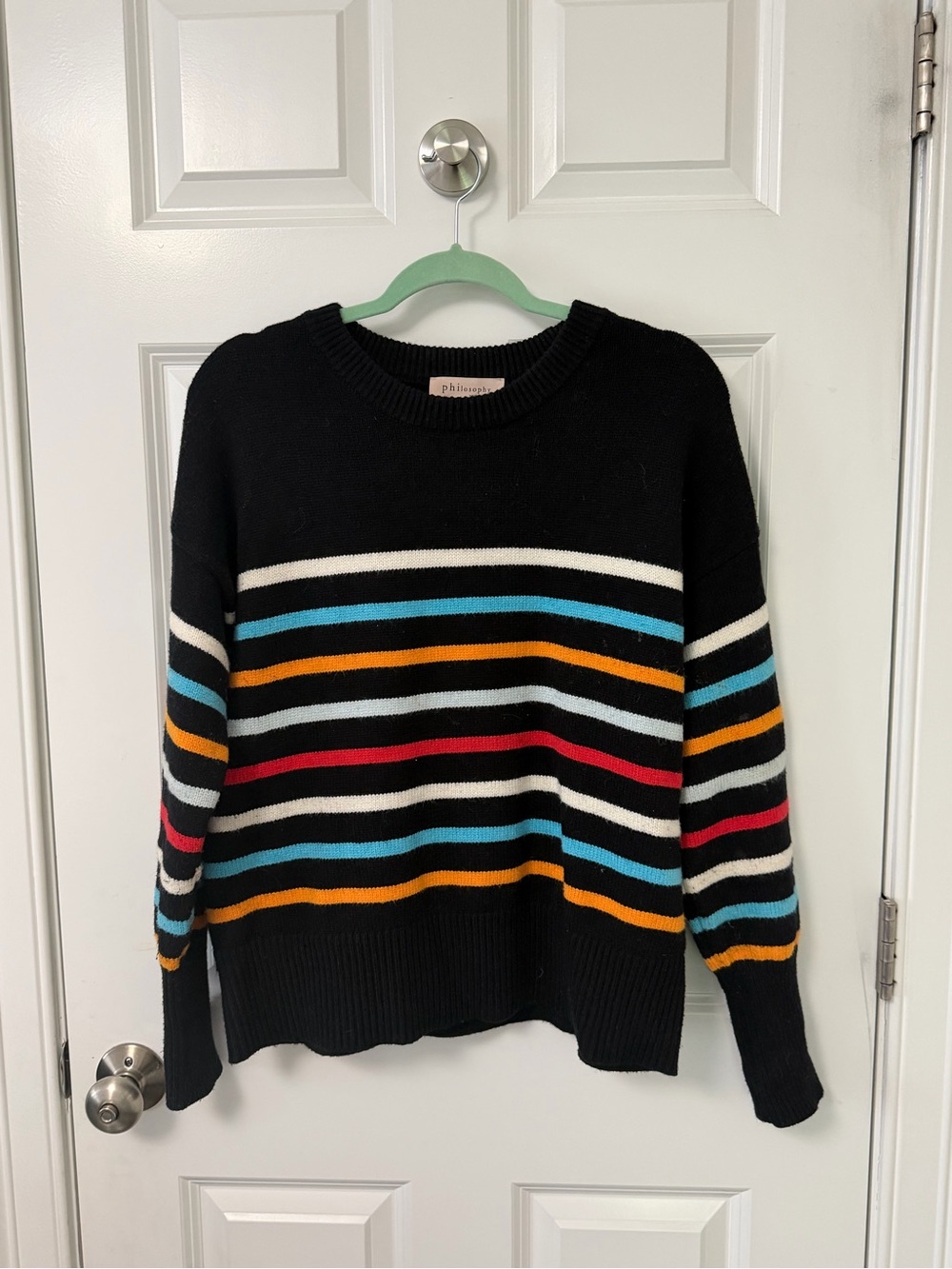 Philosophy Black Crewneck Sweater with Multicolor Stripes
